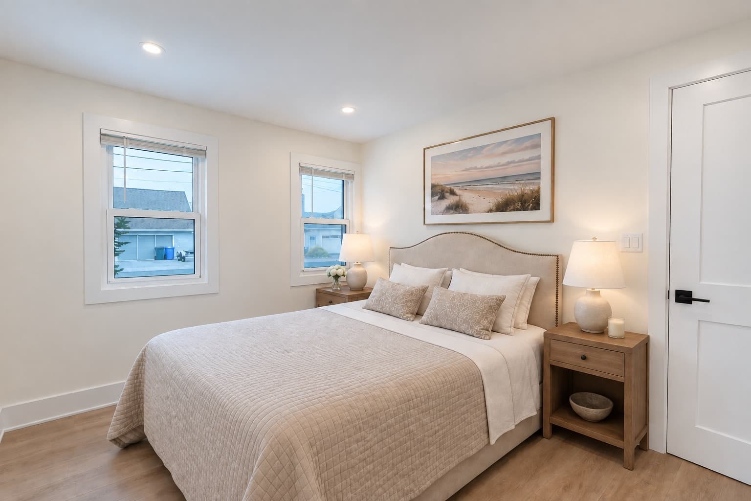 Bright bedroom with an upholstered bed, matching nightstands and lamps, and a beach print on the wall