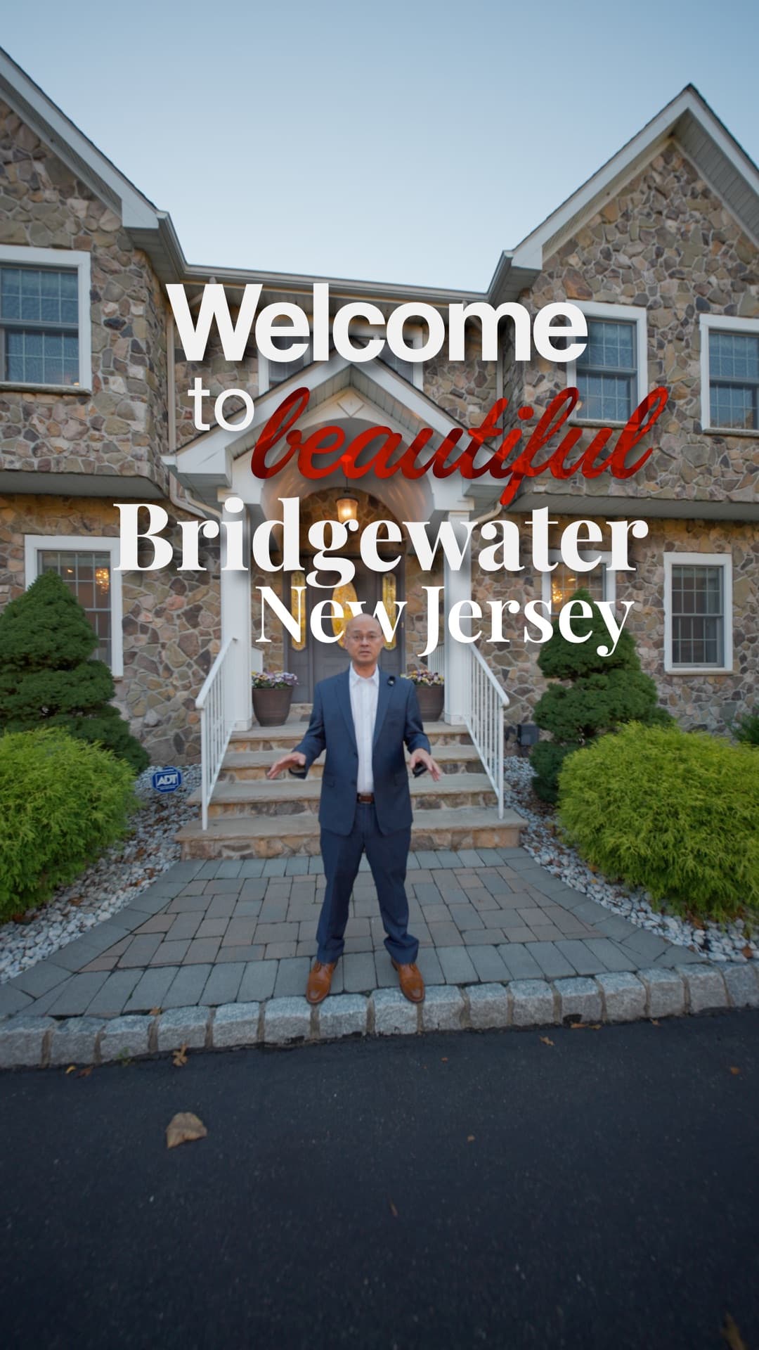 An agent on camera in front of a stone colonial, with the title Welcome to beautiful Bridgewater, New Jersey