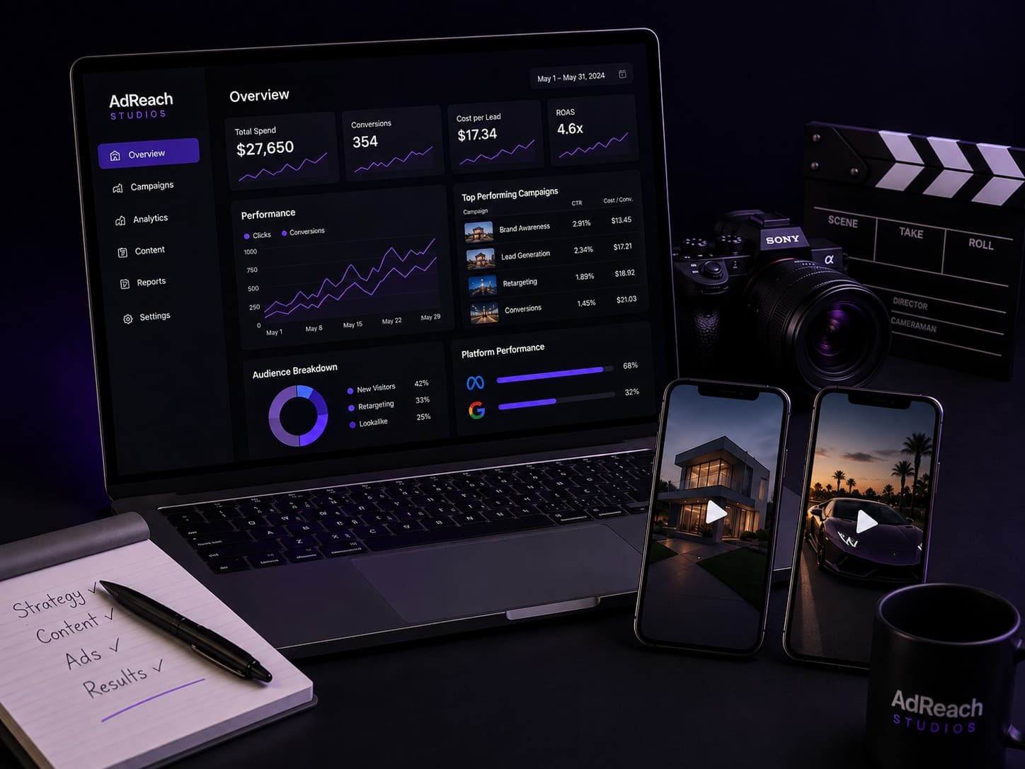 AdReach Studios campaign dashboard alongside camera gear, phones showing short-form video, and a strategy notepad